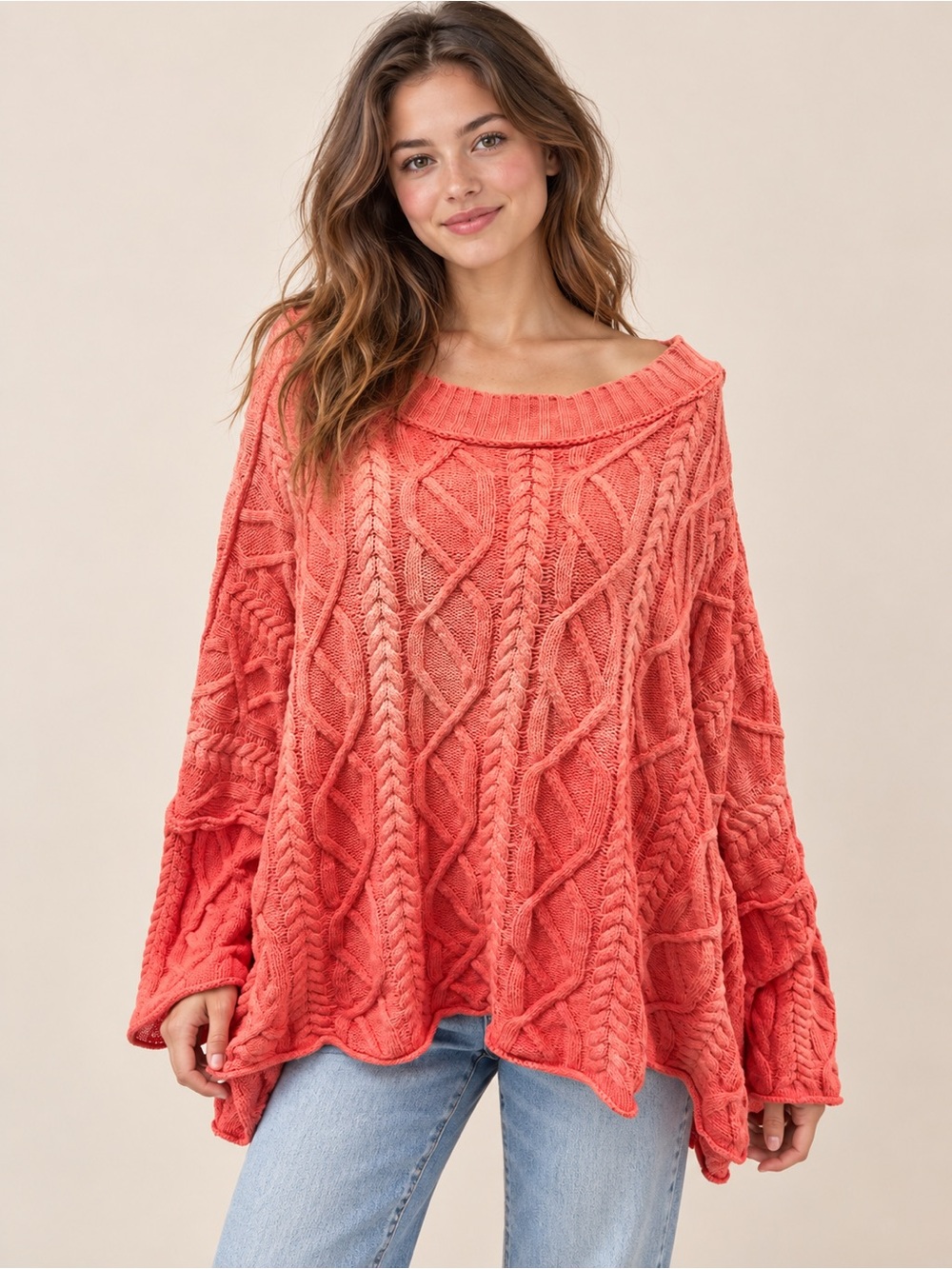 Free People Coral Cable Knit Off-Shoulder Sweater